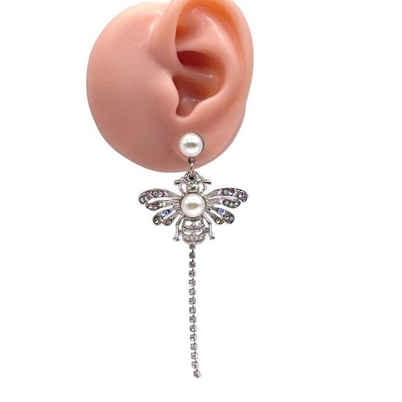 Silver with White and AB Crystal Mismatching Bees Post Back Earrings - Picture 7 of 8